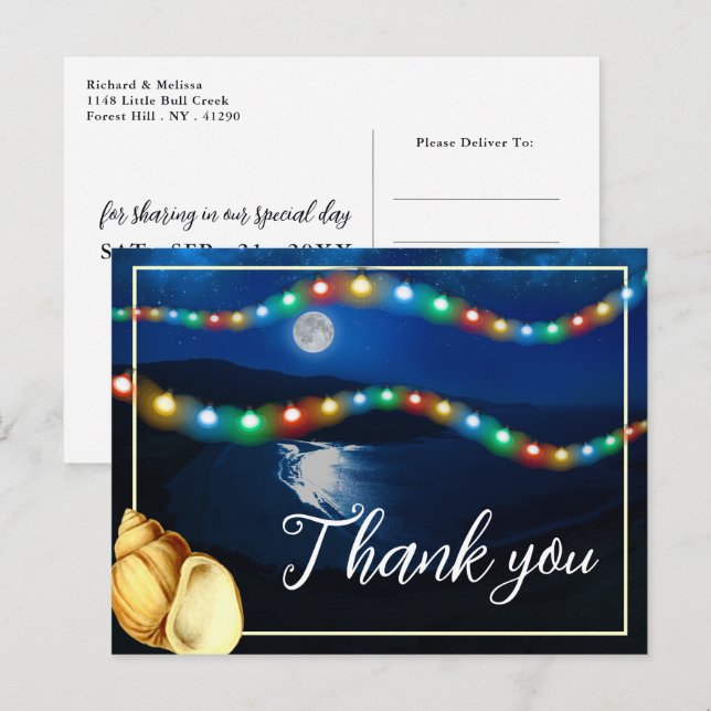 Elegant Moonlit Beach Wedding Thank You Postcard (Front/Back)