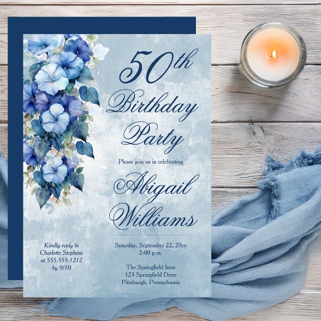 Elegant Morning Glories Blue Floral 50th Birthday  Invitation (Boho Elegant Morning Glories Blue Floral 50th Birthday Party Invitation - Print | Digital Download)
