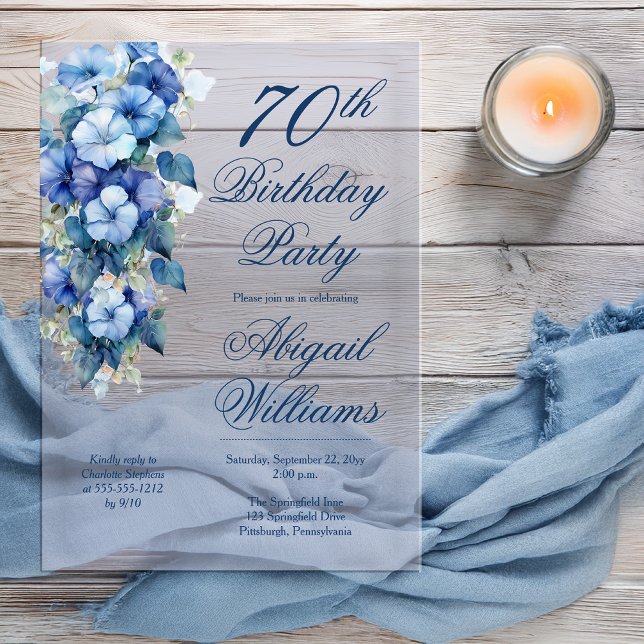 Elegant Morning Glories Blue Floral 70th Birthday  Acrylic Invitations (Boho Elegant Morning Glories Blue Floral 70th Birthday Party Acrylic Invitation )