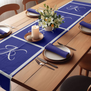 Elegant Moroccan damask navy Blue monogram Short Table Runner
