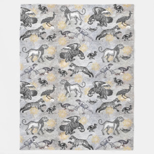 Elegant Mosaic Black White Gold Tiger Lion Eagle Fleece Blanket