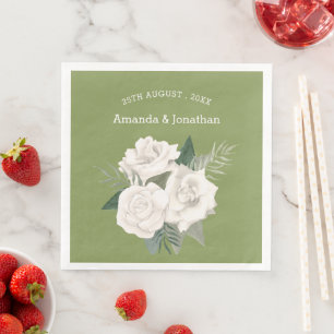 Elegant Moss Green and White Roses Wedding Napkin