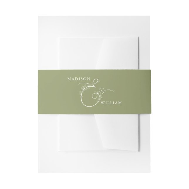 Elegant Moss Green Flowered Ampersand Wedding Invitation Belly Band (Front Example)