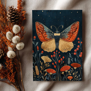 Elegant Moth Autumn Foliage Navy Blue Christmas Postcard
