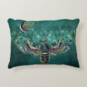 Elegant moth moon emerald night sparkle lace green accent pillow