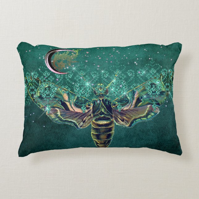 Elegant moth moon emerald night sparkle lace green accent pillow (Front)