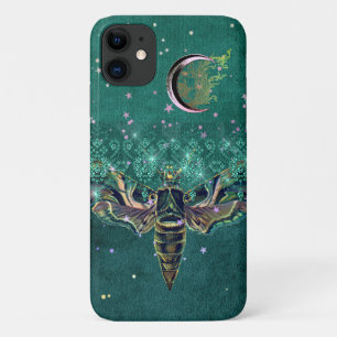 Elegant moth moon emerald night sparkle lace green iPhone 11 case