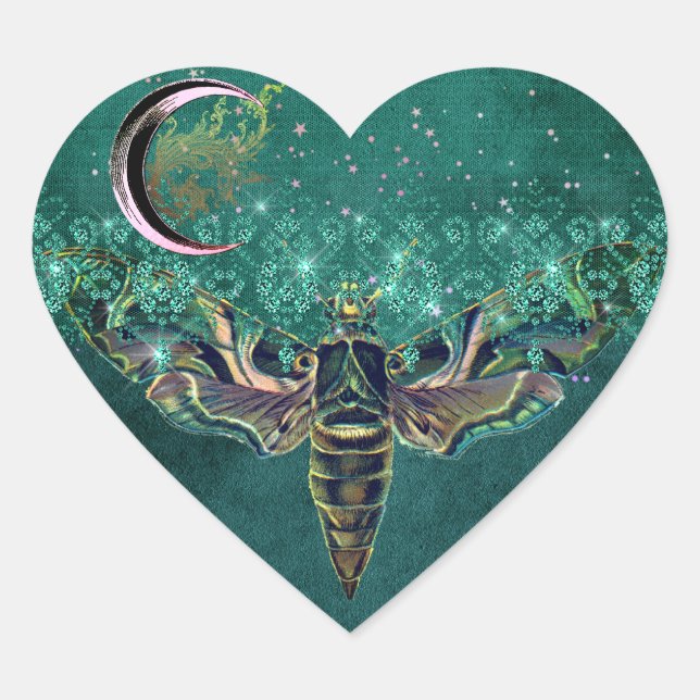 Elegant moth moon emerald night sparkle lace green heart sticker (Front)