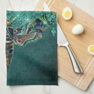 Elegant moth moon emerald night sparkle lace green kitchen towel