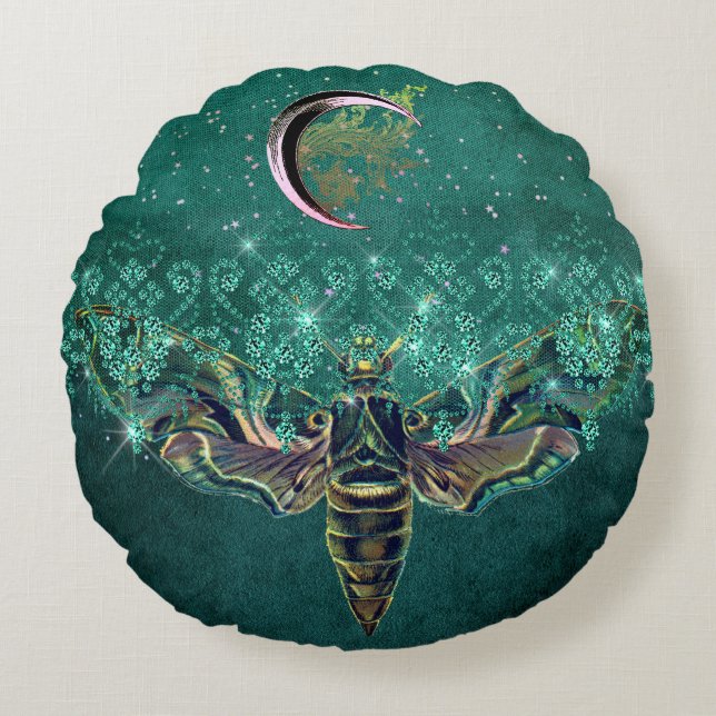 Elegant moth moon emerald night sparkle lace green round pillow (Front)