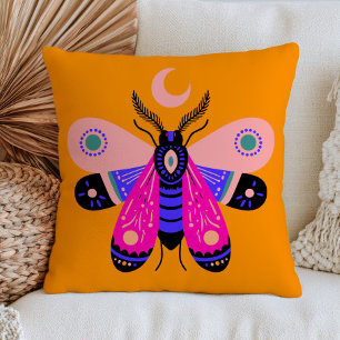 Elegant Moth with Crescent Moon Vibrant Yellow Throw Pillow