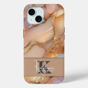 Elegant Mother of Pearl and Gold Glitter Monogram  iPhone 15 Case