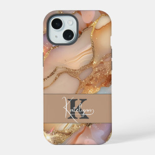 Elegant Mother of Pearl and Gold Glitter Monogram iPhone 15 Case