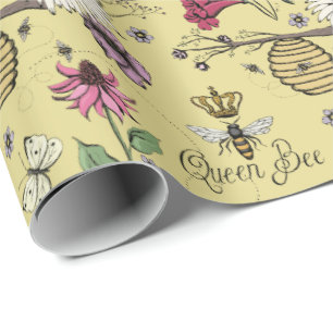 Elegant Mother's Day Queen Bee Yellow Floral Wrapping Paper