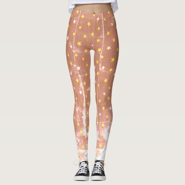 Élégant motif blanc et jaune étoiles Leggings (Devant)