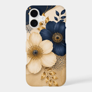 Élégant motif floral botanique bleu marine et or