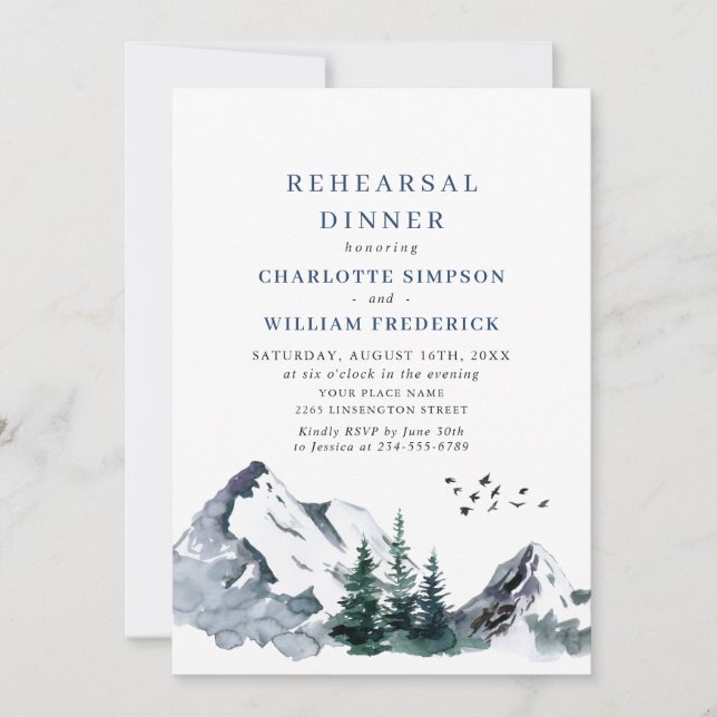 Elegant Mountains Forest Rehearsal Dinner Invitation (Front)