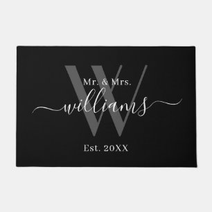 Elegant Mr And Mrs Black Gray Monogram Name Script Doormat