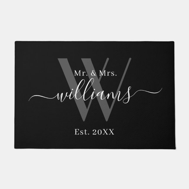 Elegant Mr And Mrs Black Grey Monogram Name Script Doormat (Front)