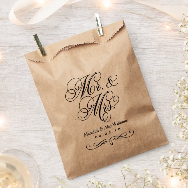 Elegant Mr and Mrs Black Script Kraft Wedding Favour Bag (Clipped)