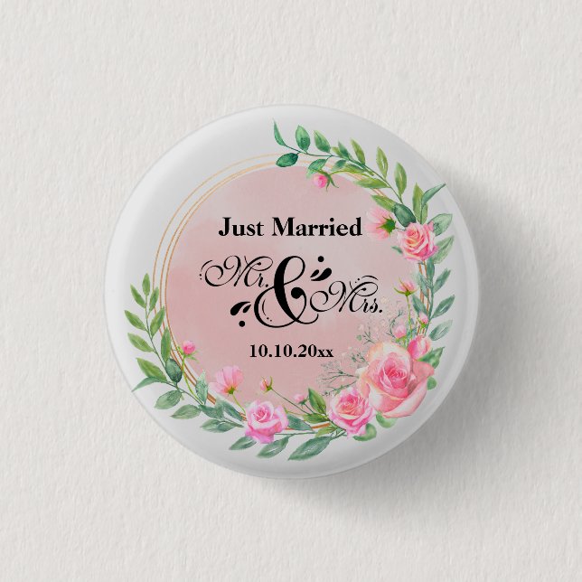 Elegant Mr and Mrs Blush Pink Flowers Wedding 1 Inch Round Button (Front)