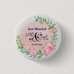 Elegant Mr and Mrs Blush Pink Flowers Wedding 1 Inch Round Button
