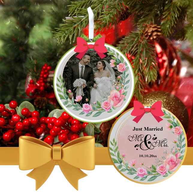 Elegant Mr and Mrs Blush Pink Flowers Wedding Ceramic Ornament (Creator Uploaded)