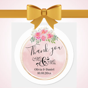 Elegant Mr and Mrs Blush Pink Flowers Wedding Classic Round Sticker