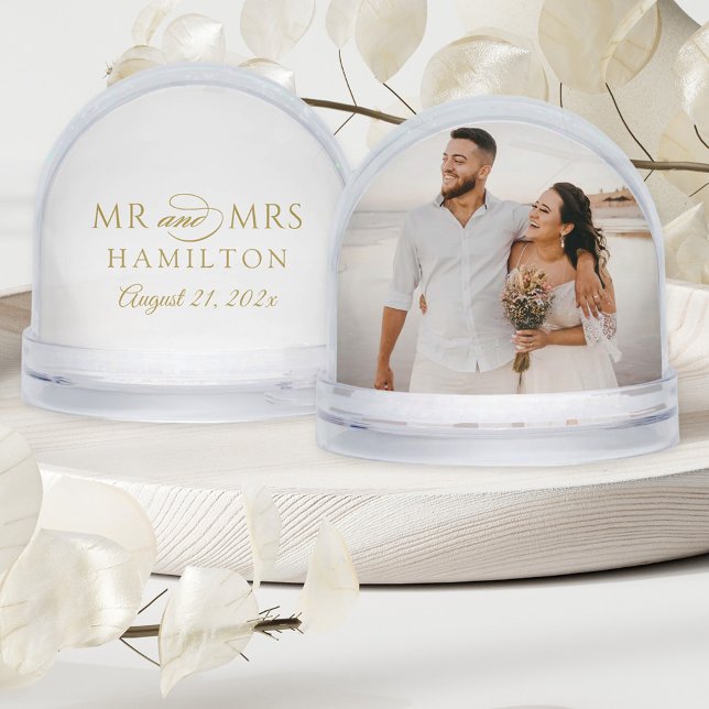 Elegant Mr and Mrs Gold Wedding Monogram Photo Snowglobe (Creator Uploaded)