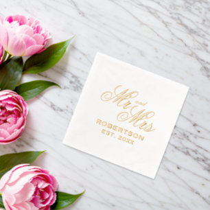 Elegant Mr and Mrs luxury wedding custom gold Foil Napkins