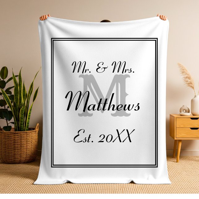 Elegant Mr and Mrs Monogram White Fleece Blanket (Elegant Black and White Monogram Initials Inline Fleece Blanket)