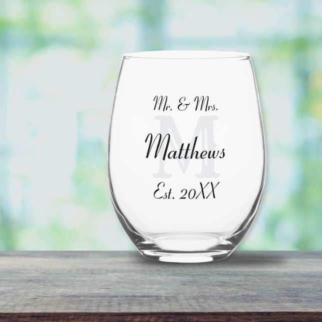 Elegant Mr and Mrs Newlywed Black Typography Stemless Wine Glass (Creator Uploaded)