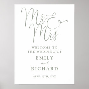 Elegant Mr And Mrs Sage Green Wedding Welcome Sign