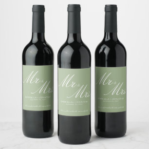 Elegant Mr and Mrs Sage Green White Wedding Wine Label