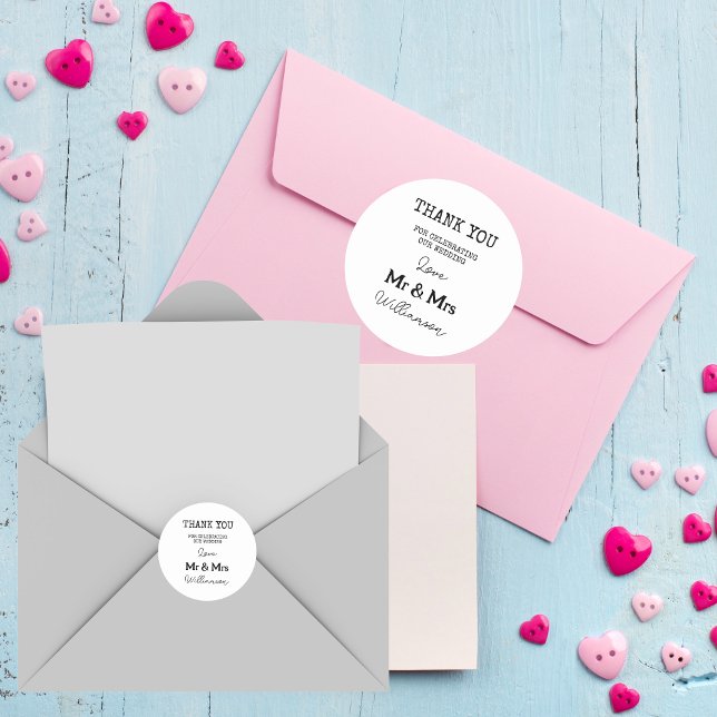 Elegant Mr And Mrs Thank You Classic Round Sticker (Thank You Note)