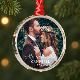 Elegant Mr. and Mrs. Wedding Photo White Monogram Metal Ornament