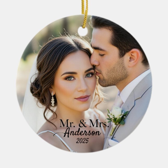 Elegant Mr & Mrs Custom Wedding Photo Monogram Ceramic Ornament (Front)