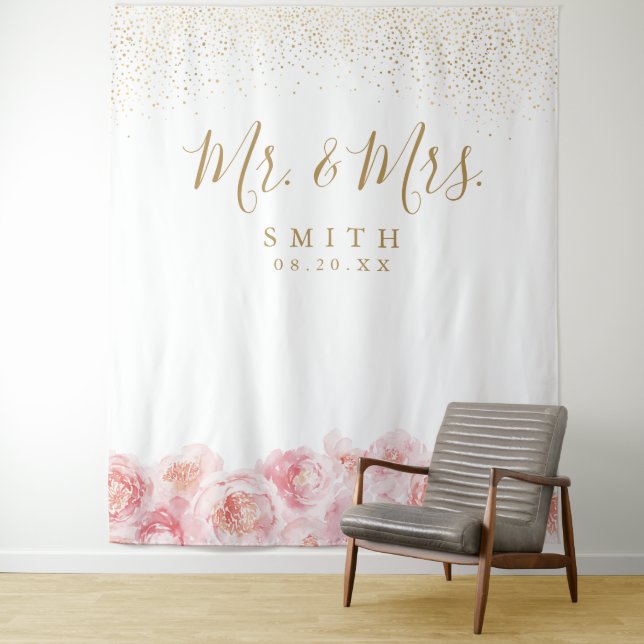 Elegant Mr & Mrs gold & blush floral wedding Tapestry (In Situ)