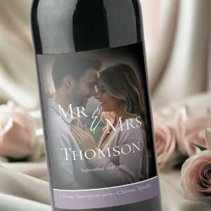 Elegant Mr & Mrs photo dark purple winter wedding Wine Label