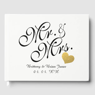 Elegant Mr & Mrs Script Gold Heart Photo Wedding Guest Book
