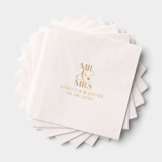 Elegant Mr & Mrs Wedding Gold Foil Napkins (Insitu (Stacked))
