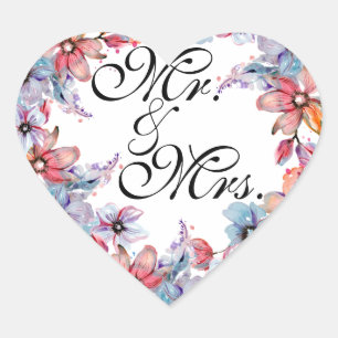 Elegant Mr. & Mrs. Wedding Sticker with Floral Des