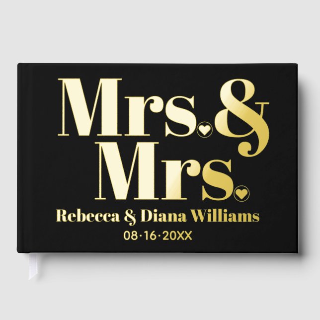 Elegant Mrs. and Mrs. lesbian black wedding Guest Book (Front)
