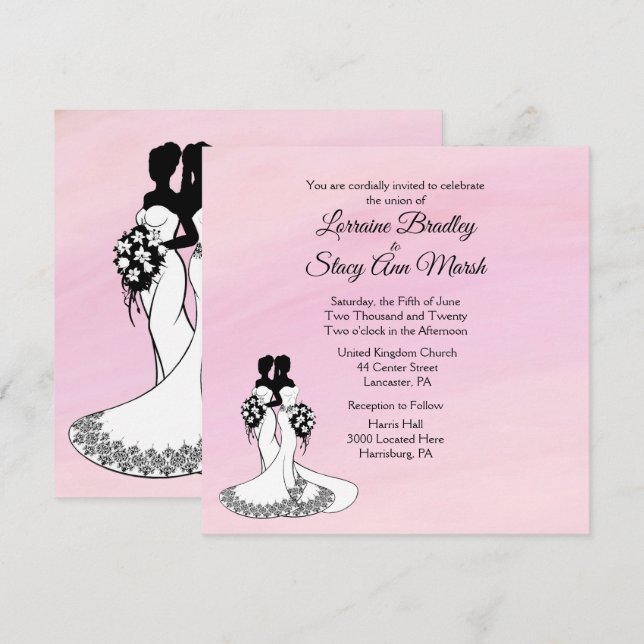 Elegant Mrs. and Mrs. Wedding Invitation Pink (Front/Back)