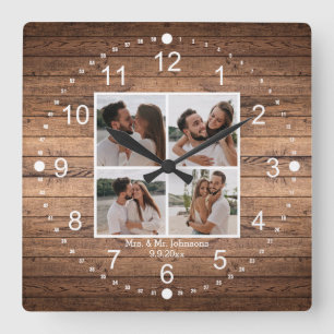 elegant mrs & mr  4 photos collage rustic wedding square wall clock