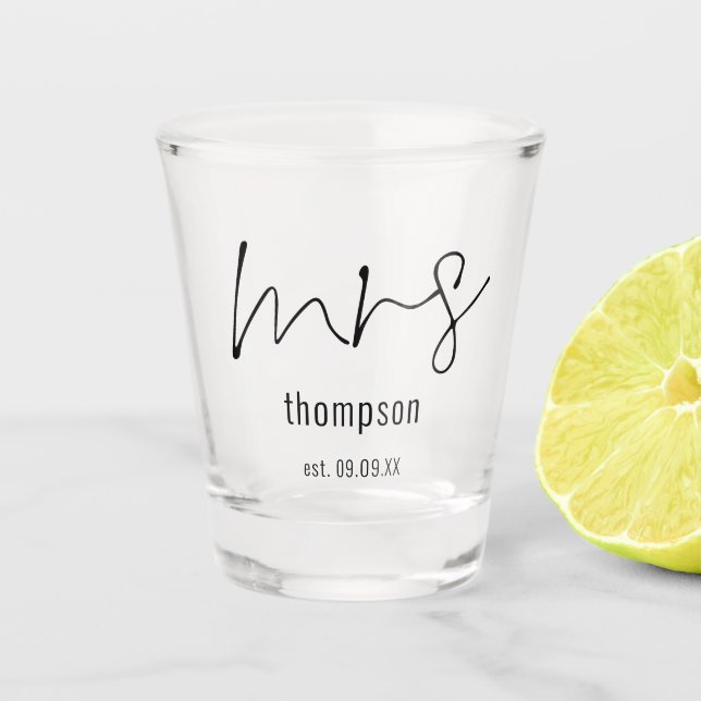 Elegant Mrs Name Script Bride Keepsake Gift Shot Glass (Front)