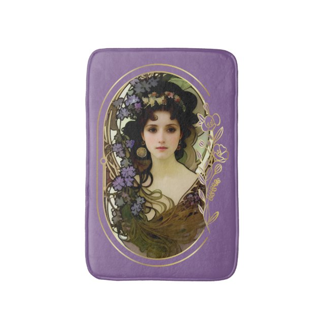 Elegant Mucha Style Portrait of a Beautiful Woman Bath Mat (Front Vertical)