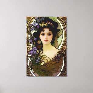 Elegant Mucha Style Portrait of a Beautiful Woman Canvas Print