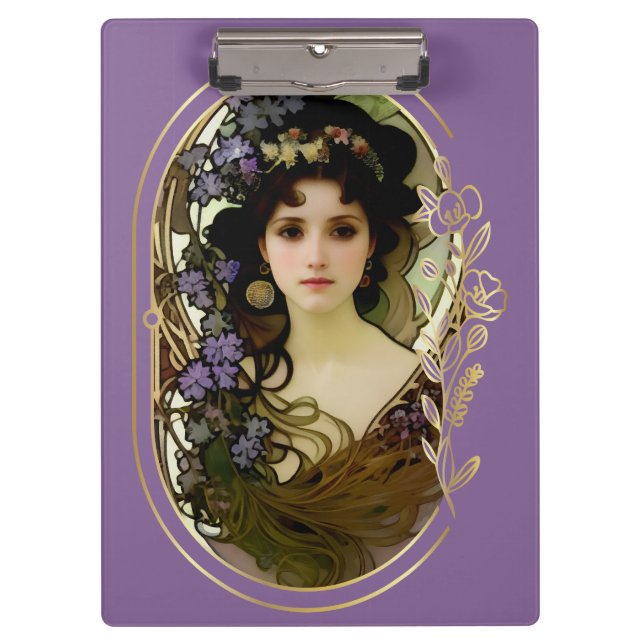 Elegant Mucha Style Portrait of a Beautiful Woman Clipboard (Front)