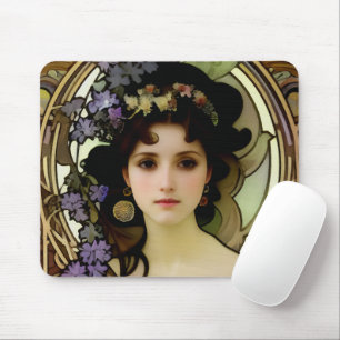 Elegant Mucha Style Portrait of a Beautiful Woman Mouse Pad